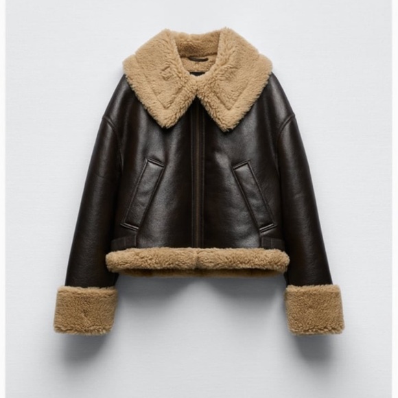 Zara brown leather jacket with fleece - Picture 1 of 2